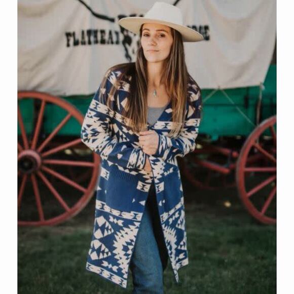 Outback Trading Co Nora Cardigan Southwestern Blue Knee Length Sweater NWT L/XL - Picture 1 of 7